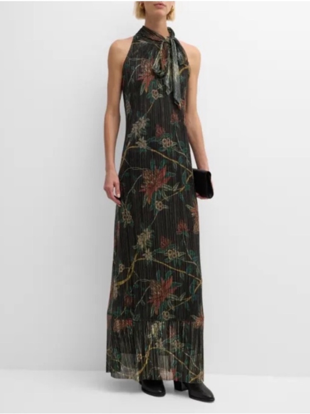 Johnny Was Jade Evelina Floral Metallic Pleated Silk Maxi Dress Elegant Size XS